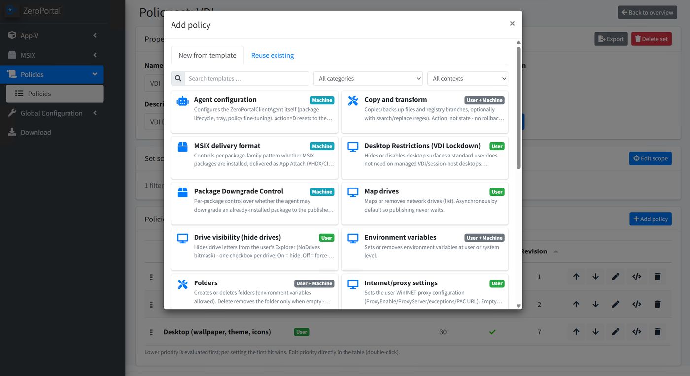 Template selection when adding a policy