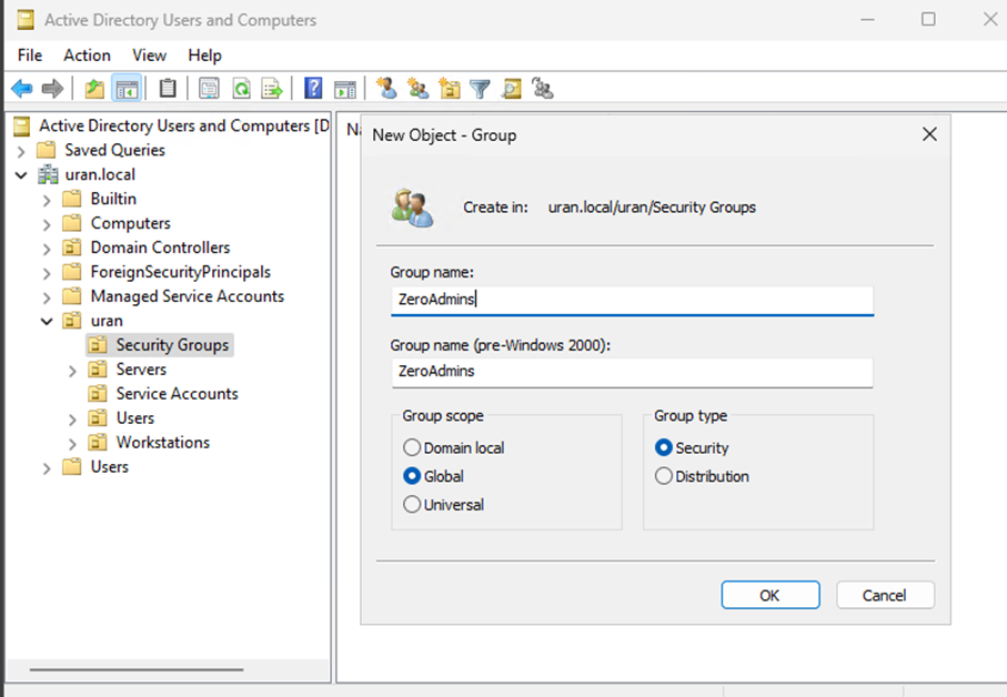 Creating the AD group ZeroAdmins