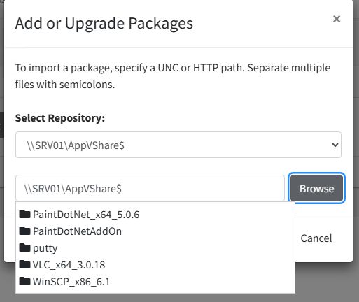 Import or upgrade App-V packages from the repository