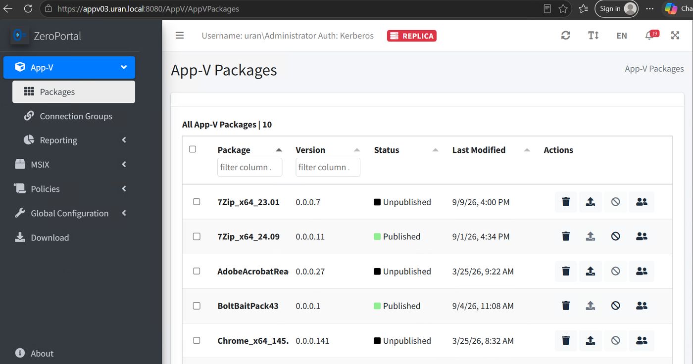 App-V packages: catalogue with status and actions, here on a replica node