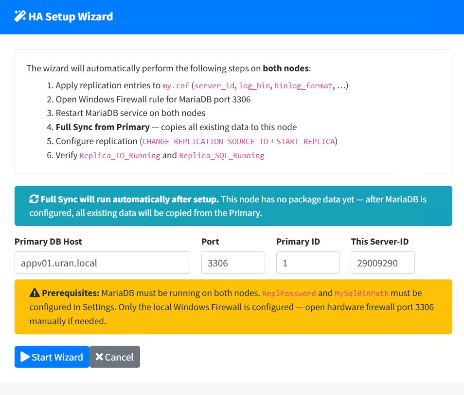 Replication wizard: my.cnf, firewall and MariaDB replication on both nodes